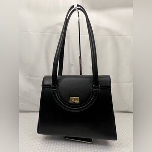 4007: Vintage Bally Black Leather Structured Top Handle Shoulder Gold Turn Lock